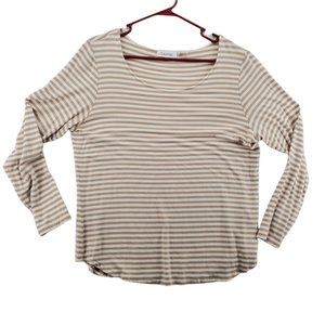 Calvin Klein Top Women's Long Sleeve Scoop Neck Striped T-Shirt Tan White Large